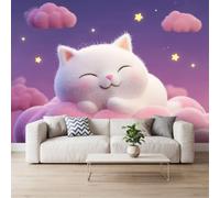 Générique Papier Peint Photo Intissé Chat Nuages Étoiles, 450x315 cm | pour Les Chambres Salon Bureau, Dessin Animé Conte De Fées Animal Papier Peint Panoramique Mural