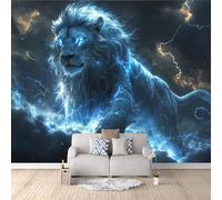 Générique Papier Peint Photo Lion Foudre 200x140 cm Papier Peint Nuages Animal Effet 3D Pas de Support Adhésif Tissu Intissé Installation Facile et Durable pour Salon Chambre Bureau Restaurant Poster