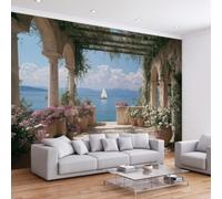 Générique Papier Peint Photo Méditerranée Paysage Nature pour D'enfant | Terrasse Vignes Pots de Fleurs Vue Sur Mer Papier Peint Mural 300 x 210 cm pour Salon Chambre Haute Qualité Résistant Aux UV
