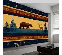 Générique Papier Peint Photo Mural Style Champêtre 450L x 280H cm, Papier Peint Non Tissé Vintage Animaux Pins Rayures Décoratif - Poster Design Moderne pour Chambre d'Enfant Salon Chambre à Coucher