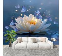 Générique Papier Peint Photo Murale 250x175cm RêVeuse Lotus Motif Papillon 3D Effets Muraux Tissus Non Tissés Bleu Décor Murale pour Couloir Bureau Rénovation de Maison