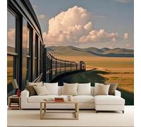 Générique Papier Peint Photo Murale 350x256 cm Rétro Train Prairie Paysage 3D Effets Muraux Tissus Non Tissés Mat Wallpaper Poster Décor Murale pour Salon Chambre Couloir Bureau Rénovation de Maison