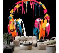 Générique Papier Peint Photo Panoramique 400 x 280 cm Art Urbain Graffitis Musique Casque Audio papier peint Pour Salon Chambre Bureau Couloir décoration Peinture murale décor Murale moderne, Noir