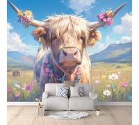 Générique Papier Peint Photo Vache Fleur 300x210 cm Papier Peint Nuages Animal Effet 3D Pas de Support Adhésif Tissu Intissé Installation Facile et Durable pour Salon Chambre Bureau Restaurant Poster