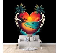 Générique Papier Peint Plage Papier Peint Panoramique 3D Palmiers De Sunset Island Intissé Photo Mural Moderne Poster Salon Chambre Mur de fond Bureau Décoration de Maison 150 × 105 cm