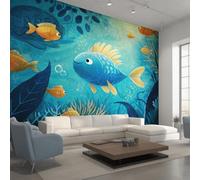 Générique Papier Peint Poisson Dessin Animé, Motif Papier Peint Intissé Panoramique Monde Sous-Marin Animaux Marins 200x140 Wallpaper Pour Salon Chambre Deco Murale W28
