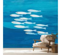 Generique Papier Peint Poisson Panoramique Murale, Intissé Papier Peint Monde Sous-Marin Bleu Blanc Salon Chambre Cuisine, Poisson Decoratif Mural 350 x 256 cm