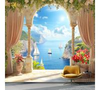 Générique Papier Peint pour Chambre D'enfant - Îles Tropicales 3D Océan Papier Peint Fille Garçon 400 x 280 cm, Bleu 3D Affiche Décoration pour Salle de Séjour Couloir Maison Murale