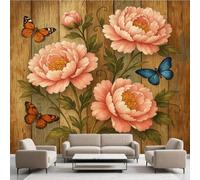 Générique Papier Peint Rose Rose Fleurs Papillon, Vintage Fleurs Plante Murale 315 x 450 cm, Planche En Bois Texture Stickers Muraux pour Salon Chambre Salle de Bain Autocollant Décoration Murale
