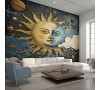 Générique Papier Peint Soleil Lune Bohème, Motif Papier Peint Intissé Panoramique Mystique Corps Célestes 250x175 Wallpaper Pour Salon Chambre Deco Murale W&63