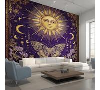 Générique Papier Peint Soleil Lune, Motif Papier Peint Intissé Panoramique Bohème Corps Célestes 400x280 Wallpaper Pour Salon Chambre Deco Murale W15