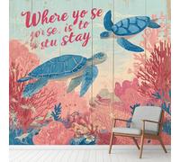 Générique Papier Peint Tortue de Mer Océan Algue, Marine Mignonne Animaux Decoration Stickers Muraux, Boho Retro Occidental Vinyle Murale Poster pour Chambre Salon Cuisine Adhesif Meuble 200 x 140 cm