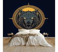 Générique Papier Peint Totem Tête De Loup Dessin Au Trait Panoramique Murale Salon 250x175 cm Papier Peint intissé pour Chambre Salon Personnalisé Décoration Murale, Bleu Foncé