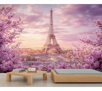 Générique Papier peint Tour Eiffel à Paris, fresque florale romantique, grand format pour salon, motif Paris, fresque murale Tour Eiffel - 200 x 200 cm (non autocollant)