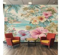 Generique Papier Peint Tropical Panoramique Murale, Intissé Papier Peint îles Mer Fleurs Bleu Rose Salon Chambre Cuisine, Tropical Decoratif Mural 350 x 256 cm