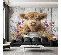 Générique Papier Peint Vache des Highlands Mignon Panoramique 366 x 254 cm, Papier Peint Intissé Animaux de la Ferme Fleurs Bois Décoration Murale, Papiers Peints pour Salon Chambre saf-7