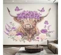 Générique Papier Peint Vache des Highlands Papier Peint Panoramique Papillon Fleur Violette Animal Papiers Peints Intissé Fresque Murale, Decoration Chambre Salon Wallpaper, 350 x 256 cm O0&-E