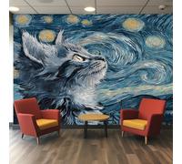Générique Papier Peint Van Gogh Chat 250X175cm, Papier Peint Intissé Chaton Mignon Nuit Étoilée Salon Chambre Panoramique Decoration, Fresque Murale Décoration Murale D18