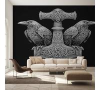 Générique Papier Peint Viking, Motif Papier Peint Intissé Panoramique Mythologie Nordique Corbeau Mjöllnir 250x175 Wallpaper Pour Salon Chambre Deco Murale W&65
