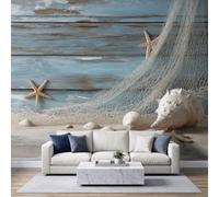 Générique Papier Peints Panoramique intissé 300 x 210 cm, Poster Geant Mural Effet 3D, Design Grain de bois vintage bleu Pour Salon Chambre D'Enfant Décoration Murale Méditerranéen
