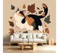 Générique Papier Peints Panoramique intissé 400 x 280 cm, Poster Geant Mural Effet 3D, Design Cartoon Chat Tricolore Feuilles d’Automne Pour Salon Chambre D'Enfant Décoration Murale Style Forêt