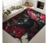Générique Papillon Chat Noir Ailes Rose Tapiss de Passage Couloir Antidérapant et Lavable Tapis d'entrée Interieur Paillasson, Noir Rouge Tapis de Sol pour Chambre Buanderie, 140 x 200 cm
