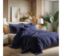 Générique Parure de Couette Unie 4 Pièces -1 Drap Housse 160x200 cm + 2 Taies d'oreiller 50x70 cm + Housse de Couette 220 x 240 cm 100% Pur Coton très Doux - Qualité Premium 2 Personnes (Bleu Marine)