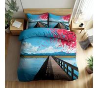 Générique Parure de lit 140x200 cm Fleurs De Cerisier Pont en Bois Montagnes Adulte Enfants Housse de Couette 3 Pièces Doux Polyester Coton Parure De Lit, pour Toutes Les Saisons
