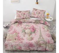 Générique Parure de Lit 140x200 Tour Eiffel, Microfibre Parure de Lit Motif Rose Paris Réversible, avec Fermeture Éclair, 2 Taies d'oreiller 65x65 (2Qt75)