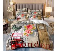 Générique Parure de Lit 160x200 Architecture Urbaine Housse de Couette 1 Personne Enfant Garçon Fille Ado Adulte Big Ben Bus Housse de Couette en Microfibre avec Fermeture éclair