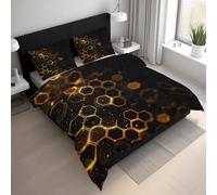 Générique Parure de Lit 160x200 Hexagone Noir et Or, Housse de Couette 2 Personnes Motif Rayon de Miel, Microfibre Douce, 2 Taies d'oreiller 65x65, Fermeture Éclair, Decoration Chambre BhT16