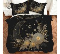 Générique Parure de Lit 180x200 Lune Ciel Etoilé, Microfibre Parure de Lit Motif Fleur Doré Réversible, avec Fermeture Éclair, 2 Taies d'oreiller 65x65 (3Qm337)