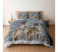 Générique Parure de lit 2 Personne avec Housse de Couette 200 x 200 + Taies d'oreiller, Motif Nature Loup Neige Animaux, Parure Couette avec Fermetures éclair, Gris Ardoise