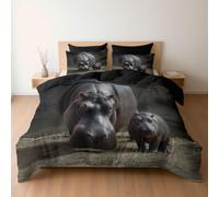 Générique Parure de lit 2 Personne avec Housse de Couette 240 x 260 + Taies d'oreiller, Motif Animaux Hippopotame bébé Hippopotame Zoo, Parure Couette avec Fermetures éclair, Noir