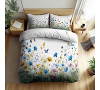 Générique Parure de Lit 200 x 200 cm Housse de Couette 3 Pièces, Blanc Douce et Respirante Papillon De Fleurs Sauvages Aquarellé Parure de Lit avec Fermeture Éclair, 2 Taies d'oreiller