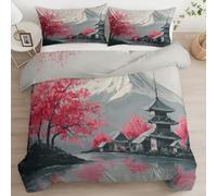 Générique Parure de Lit 200 x 200 cm Housse de Couette 3 Pièces, Blanc Douce et Respirante Peinture À L’Encre Mont Fuji Fleurs De Cerisier Parure de Lit avec Fermeture Éclair, 2 Taies d'oreiller