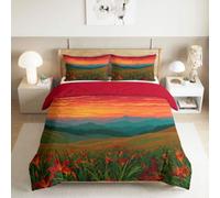 Générique Parure de Lit 200 x 200 cm Housse de Couette Microfibre avec 2 Taies 65 x 65 cm, Motif Paysage Housse de Couette Fermeture Éclair, Coucher De Soleil Montagnes Lys Rouge 2 Personnes
