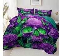 Générique Parure de lit 200 x 200 cm imprimée Adulte- Mystérieux Crâne Roses Papillons Sets de Housse de Couette en Microfibre + 2 Taies d'oreiller, Vert Motif imprimé Fermeture à glissière