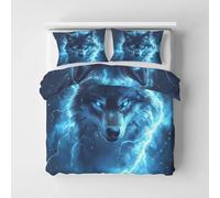 Générique Parure de Lit 200x200 cm Loup, Housse de Couette Foudre Bleu Animaux Sauvage, Doux Microfibre Fermeture Éclair, Contenu Deux Taie Oreiller 65x65 cm PZ&S-12