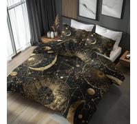 Générique Parure de Lit 200x200 Noir Doré Céleste 2 Personnes, Housse de Couette et 2 Taies d'oreiller 65x65, Motif Imprimé Astrologie Lune Étoile, avec Zip, Microfibre Douce M2F-109