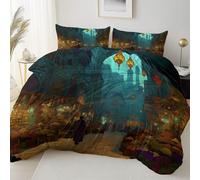 Générique Parure de lit 220 x 240 cm imprimée Adulte- Fantastique Cité Antique Marché Lanternes Sets de Housse de Couette en Microfibre + 2 Taies d'oreiller, Vert Motif imprimé Fermeture à glissière