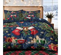 Générique Parure de Lit 220x240 Chaussettes de Noël 2 Personnes | Housse de Couette et 2 Taies d'oreiller 65x65, Cloche Or Avec Zippée, Microfibre, Reversible a861