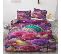 Générique Parure de Lit 220x240 cm Fleur Rose Housse de Couette Coquillage Papillon Floral Romantique, Ensemble Literie Microfibre Douce, Housse Couette avec 2 Taies d'oreiller 65x65 cm