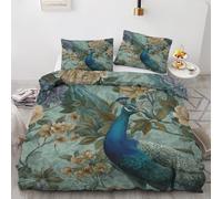 Générique Parure de Lit 220x240 cm Paon Housse de Couette Style Chinois Fleur Plante Feuilles, Ensemble Literie Microfibre Douce, Housse Couette avec 2 Taies d'oreiller 65x65 cm