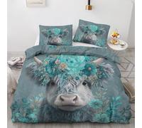 Générique Parure de Lit 220x240 cm Vache des Highlands Housse de Couette Fleur Bleu Vert Floral, Ensemble Literie Microfibre Douce, Housse Couette avec 2 Taies d'oreiller 65x65 cm