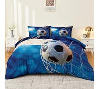 Générique Parure de Lit 3 Pièces 200 x 200 cm, Motif Football Moderne Microfibre Parure de Lit Fermeture Éclair,Linge de Lit Bleu Adulte avec 2 Taies d'oreiller 65x65 cm