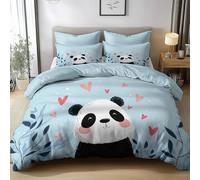 Générique Parure de Lit 3 Pièces 90 x 190 cm Dessin Animé Panda Feuilles Housse de Couette Imprimée, Set de Literie Respirant & Durable - Linge de Lit Haut de Gamme, Bleu Clair