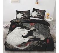 Générique Parure de Lit 3 Pièces Chat Housse de Couette 180x200 cm Chaton Fleur Vague Japonais, Ensemble Literie Imprimé Réversible avec 2 Taies d'oreiller 65x65 cm