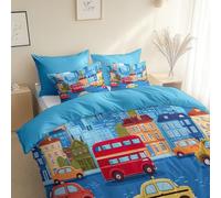 Générique Parure de lit 3 pièces - Motif Rues Ville Style Dessin Animé avec des Voitures Housse de Couette 200 x 200 cm + 2 Taies d'oreiller 65 x 65 cm - avec Fermeture éclair, Bleu Ciel