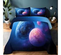 Générique Parure de Lit 3 Pièces Terre Fantastique Lune Couette Matelassée 240 x 260 cm, pour lit 2 Personnes Bleu Couette sans Housse en Microfibre Respirante avec 2 taies d'oreiller